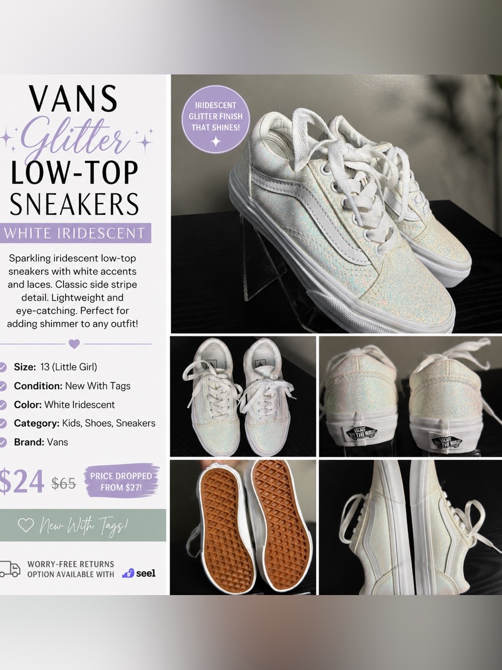 Girls Vans Glitter Low-Top Sneakers - White Iridescent